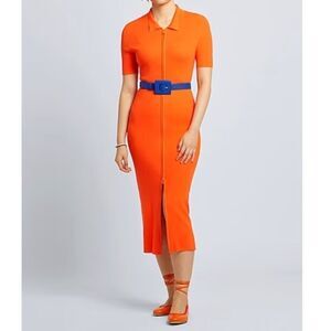 Woman ORANGE KNIT VISCOSE ZIP-UP POLO NECK DRESS Midi New with tag SIZE US XXL​